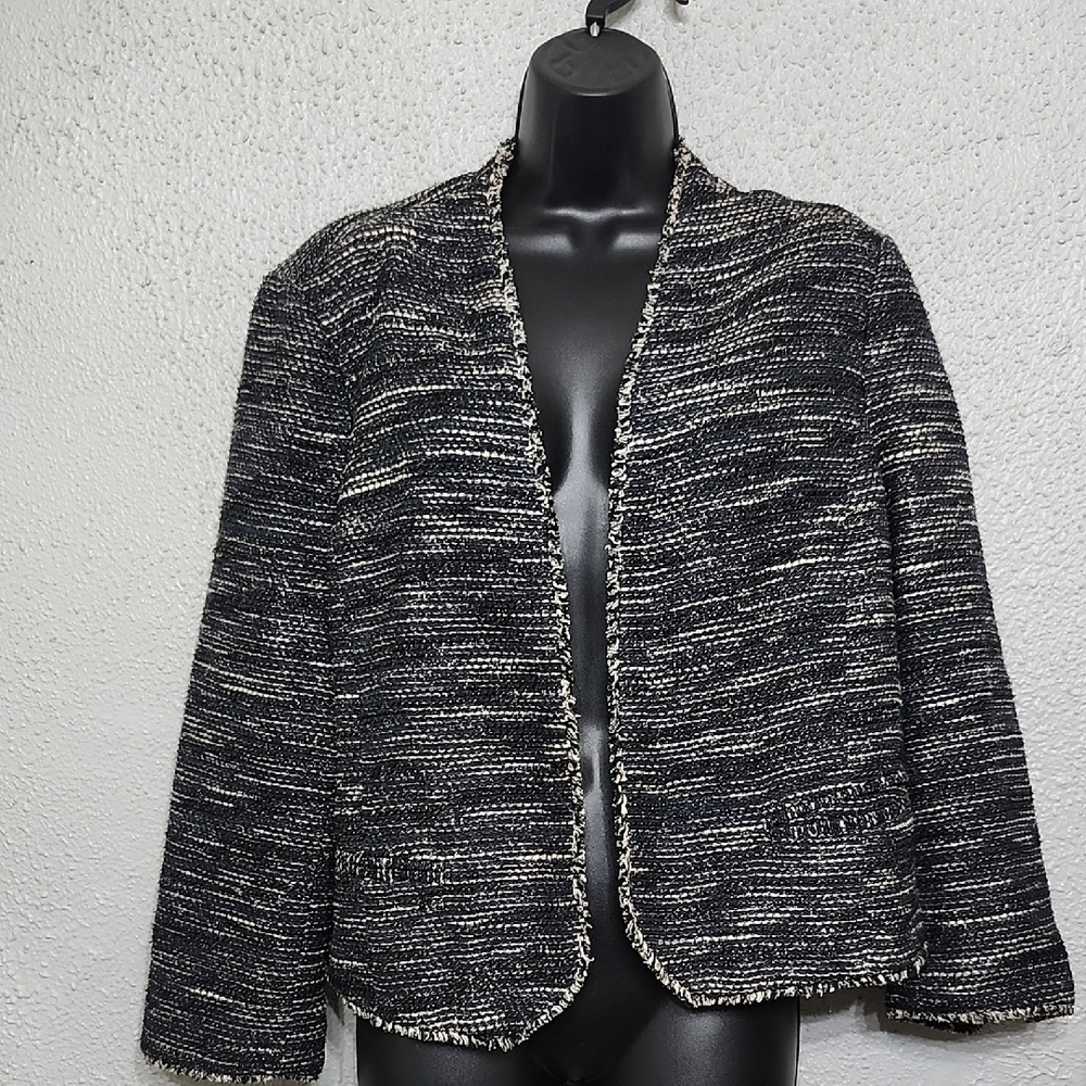 Ann Taylor Black & Blue Blazer Textured Tweed,Raw Hem Tiny Pockets Lined Euc